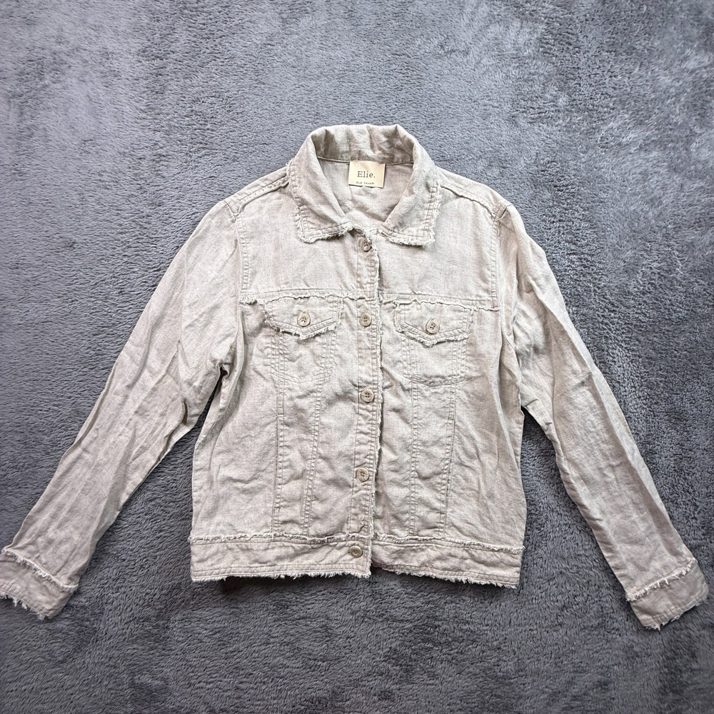 Elie Tahari 100% Linen Button Up Shirt Fringe Trim Womens M Oatmeal Beige